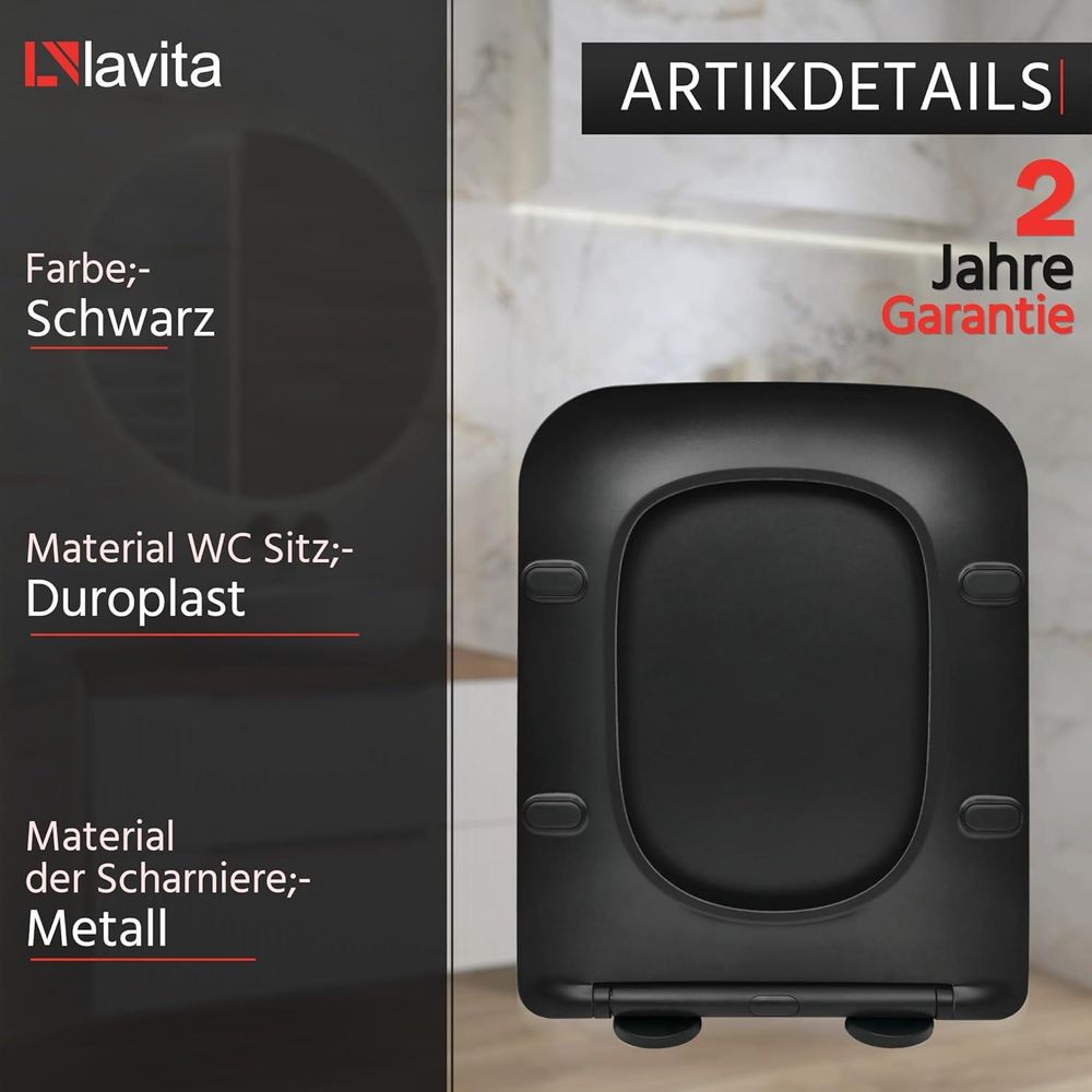 LAVITA ONIL BLACK Antibakterielle Duroplast WC-Sitz mit Absenkautomatik und Schnellverschluss,Passend für LAVITA ONIL BLACK Wand WC,Schwarz