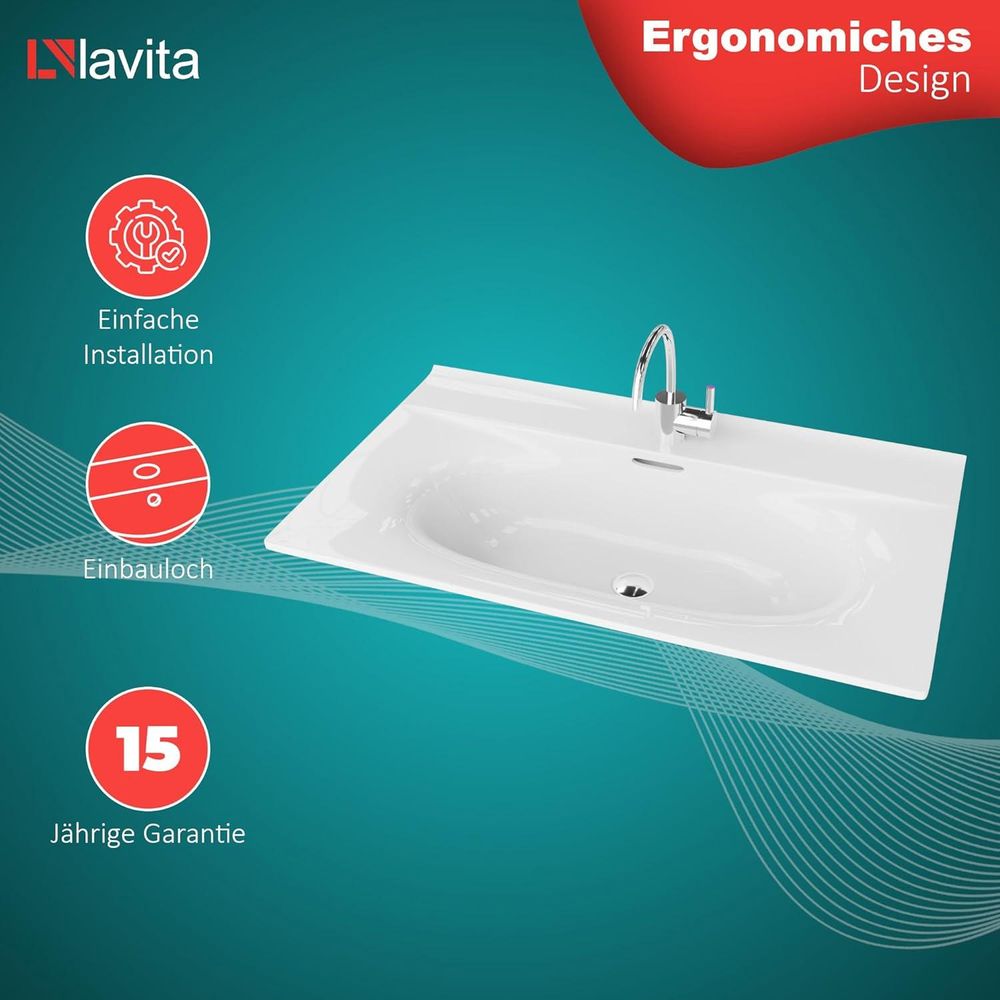LAVITA Möbelwaschtisch Kolorado 800 | Möbelwaschbecken | Waschbecken mit Überlauf und Hahnloch | Aus hochwertigem Porzellan | Waschtisch | 81x46,5x17 cm | Weiß Glanz