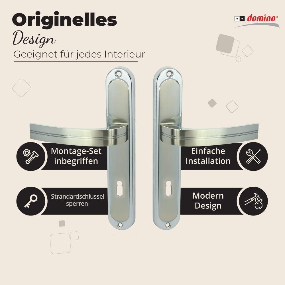 DOMINO Türgriff 72 Drückergarnitur BB-Buntbart Set | Langschildgarnitur | Türklinke für Zimmertür, Bürotür, Kellertür & Innentür | L-Form | Türbeschläge aus Aluminiuml | Chrom Nickel Türdrückergarnitur | DEKAN M6/M9