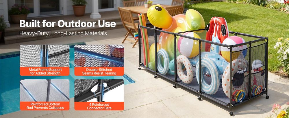 VEVOR Pool Aufbewahrungsbehälter 2620x815x890 mm, Organizer mit Seitentaschen, Metallrahmen, Netzkorb, Aufbewahrungsbox, Organisationskorb, Aufbewahrungskorb, Aufbewahrungswagen für Poolspielzeug