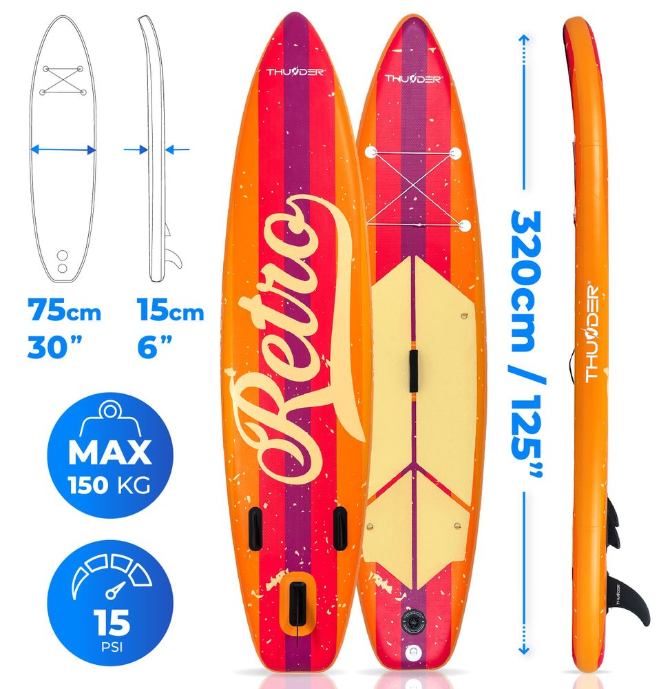 Thunder Retro Stand Up Paddle Board 320 x 75 x 15 cm Orange 150 kg