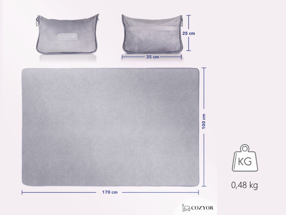 COZYOR Reisekissen & Reisedecke 2 in 1 weich mit Rucksack-Clip und Kofferbefestigung 170x100 cm, kuscheliges Reiseset Auto & unterwegs, Flugzeugdecke mit Bezug für Erwachsene & Kinder