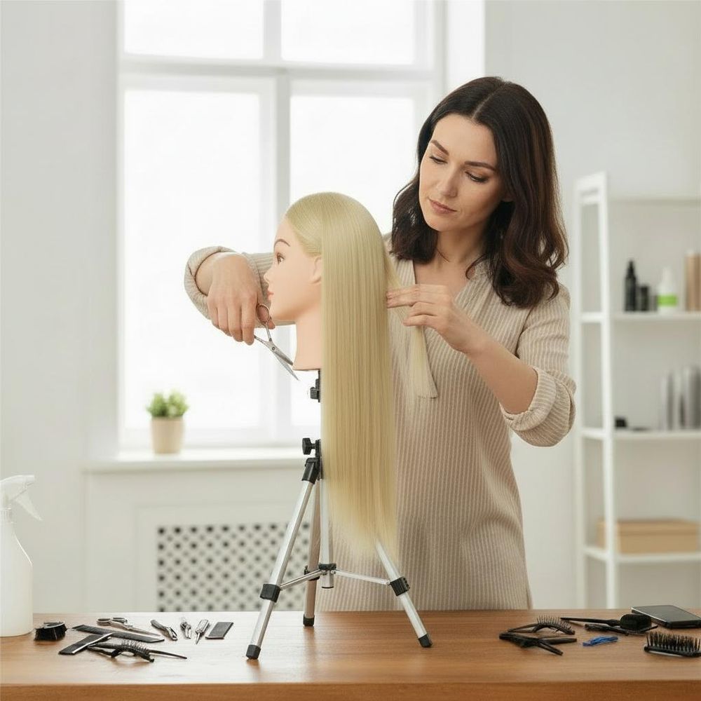 Tête d'apprentissage coiffure 70 cm Iza - Cheveux thermiques + Trépied