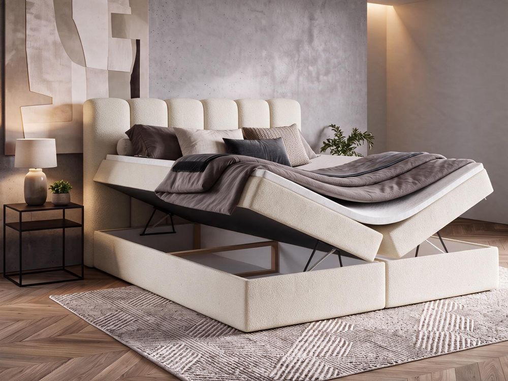 Boxspringbett 200x200 mit Bettkasten NOLARO, Komplett-Set mit Bonell-Matratze und Topper, Bouclé Creme