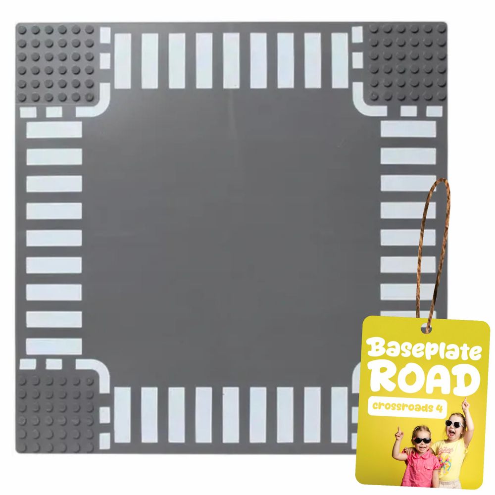 Bauplatte Straße Kreuzung 32x32 Noppen, Straßenplatte kompatibel mit gängigen Bausteinen, 25,6 x 25,6 cm, EVI KIDS, Grau