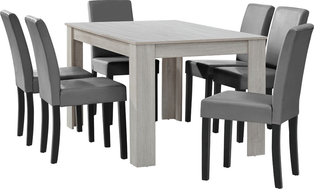 [en.casa] Esstisch Eiche weiß mit 6 Stühlen hellgrau Kunstleder gepolstert 140x90 Essgruppe Esszimmer