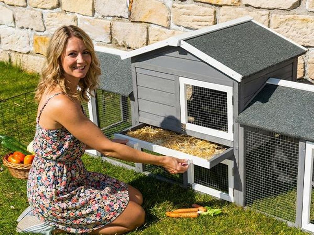 MyAnimal Hasenstall MH-03 | Hasenkäfig XXL mit Freilaufgehege - Kleintierkäfig - Kaninchenstall - 4 Türen - Kleintierstall - Wetterfest - 226x53x85 cm