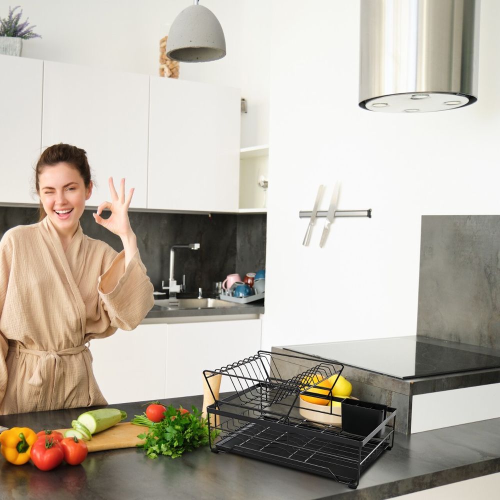 Geschirrabtropfgestell Abtropfgestell Geschirrstaender mit Auffangschale Abtropfgitter Geschirrkorb Dish Drying Besteckfach Schwarz 43,5x29x24 Retoo