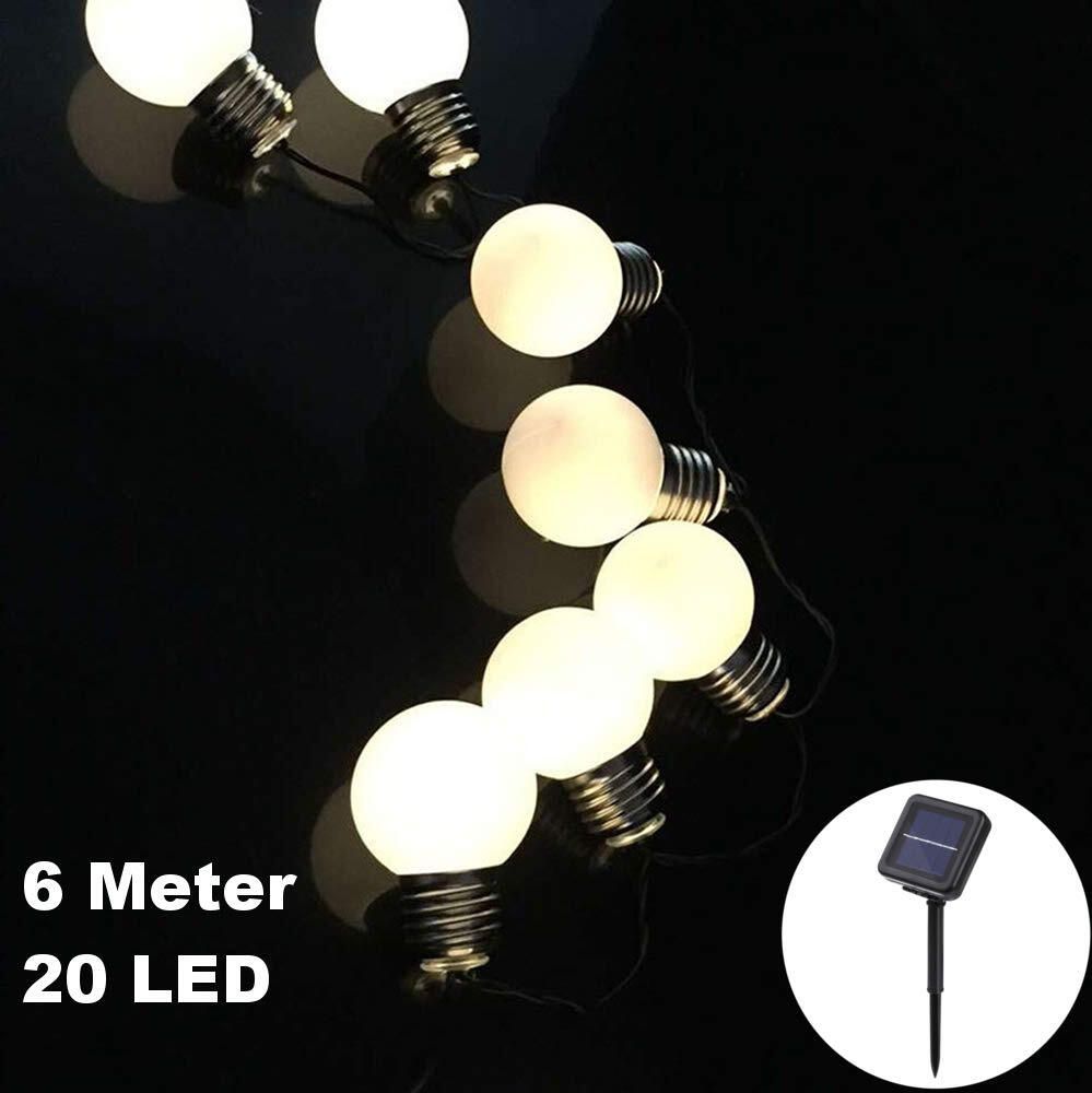 20 LED / 6 Meter Solar Lichterkette Glühbirnen Matt Deko Warm-Weiß Solarbetrieben zum Schmücken Deko Party Licht Beleuchtung