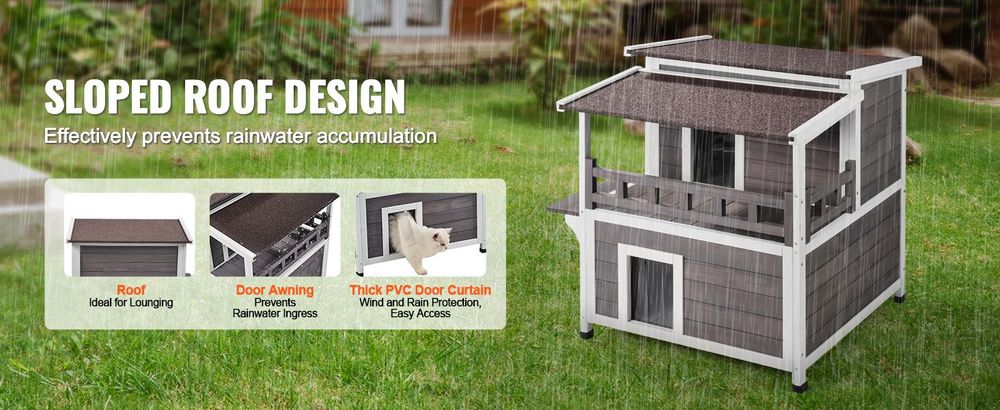 VEVOR Katzenhaus für draußen, wetterfest, Unterschlupf für Wildkatzen für mehrere Katzen, großes 2-stöckiges Katzenhaus aus Holz für draußen mit Balkon, Türen, PVC-Türklappen und offenem Dach, 76,2 cm L x 76,2 cm B x 81,3 cm H