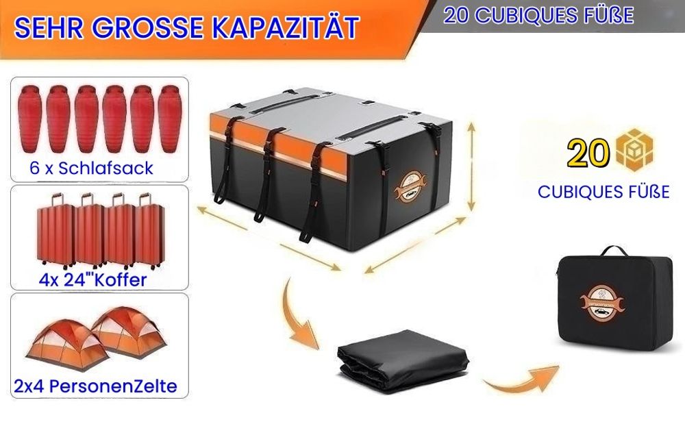 566L Auto Dachbox, Autodachtasche 1000D Faltbare wasserdichte Dachboxen mit Haken, Antirutschmatte & Reflektorstreifen, für Autos mit/ohne Dachträger