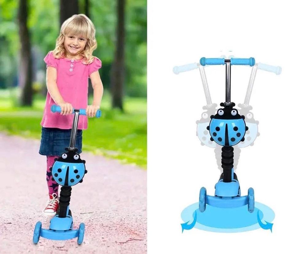 Asato Kinderscooter 5-in-1 mit LED-Rädern, Sitz und Schiebestange – Blau – Klappbarer Dreirad-Roller für Kinder – Balance-Scooter