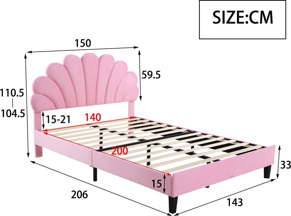Flieks Polsterbett 140x200cm Samt mit Blumenform-Kopfteil und Lattenrost Doppelbett Kinderbett für Damen Kinder Jugend