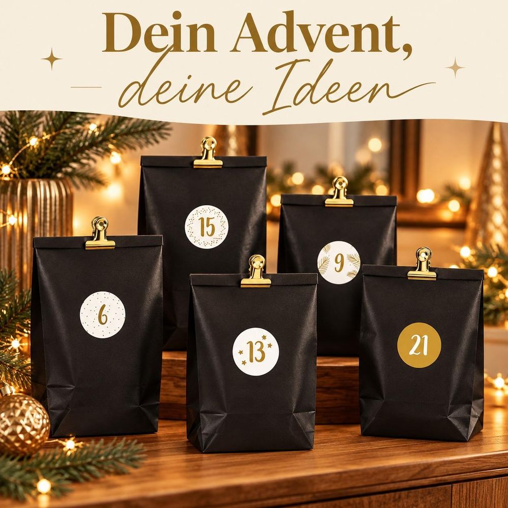 Anwendungsbeispiel eines Adventskalenders in Schwarz und Gold auf einer Ablage