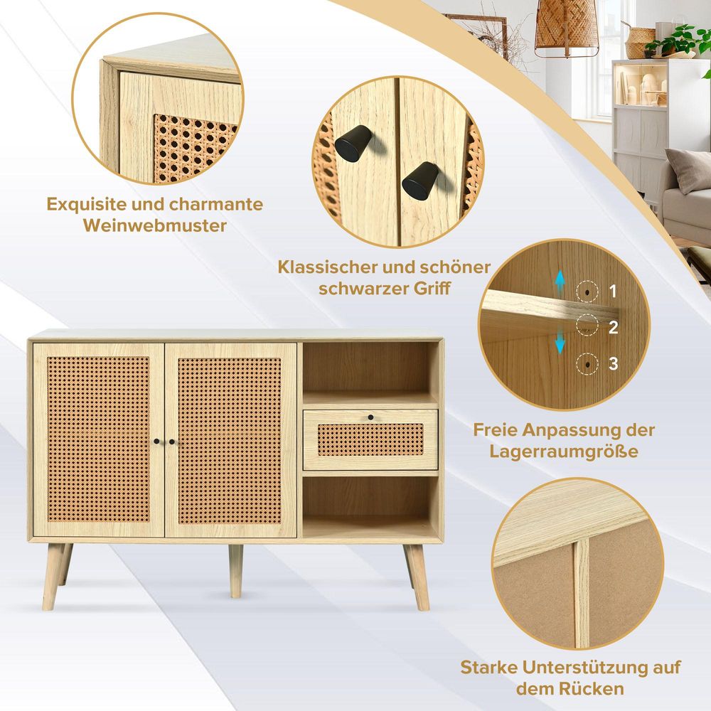 STILVORA Sideboard mit 1 Schublade und 2 Magnettüren, Kommode mit Rattangeflecht und verstellbaren Ablagen, Aufbewahrungsschrank mit Massivholzbeinen