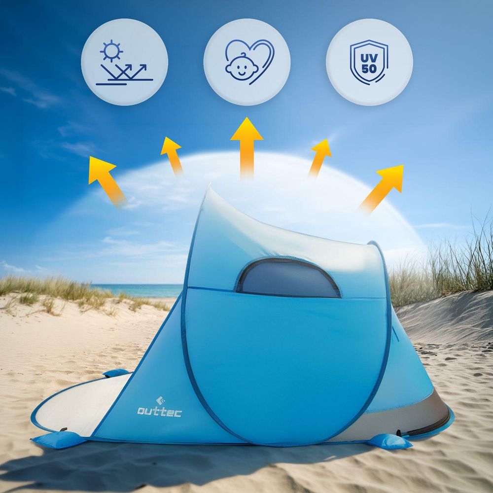 Blaues Strandzelt am Meer, symbolisiert UV-Schutz und Kindersicherheit