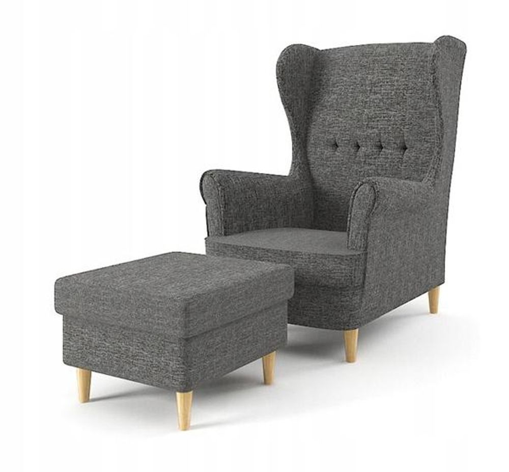 Ohrensessel Milo mit Hocker - Farben zur Auswahl -Sessel für Wohnzimmer & Esszimmer Skandinavisch - Relax Sessel aus Webstoff - FARBE: DUNKELGRAU