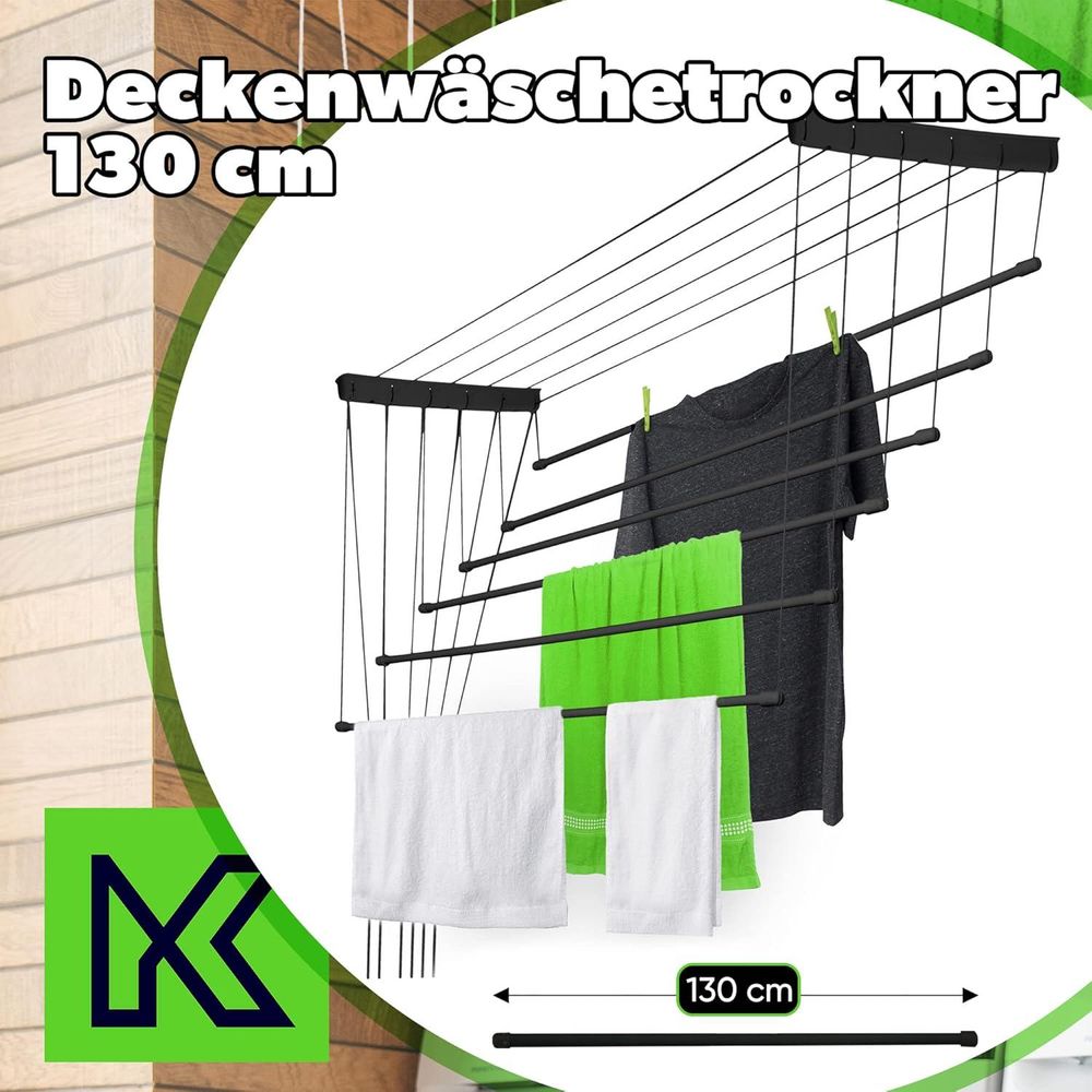 KADAX Deckenwäschetrockner "Torp", Deckentrockner Traglast 12kg, 6 Stäbe, 130 cm, schwarz