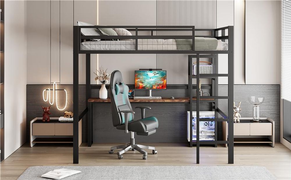 Merax Etagenbett 140x200cm, mit Schreibtisch, Regalen, Geländer, USB & Type-C, Eisenrahmen, Hochbett, Jugendbett, Metall Stockbett, Schwarz