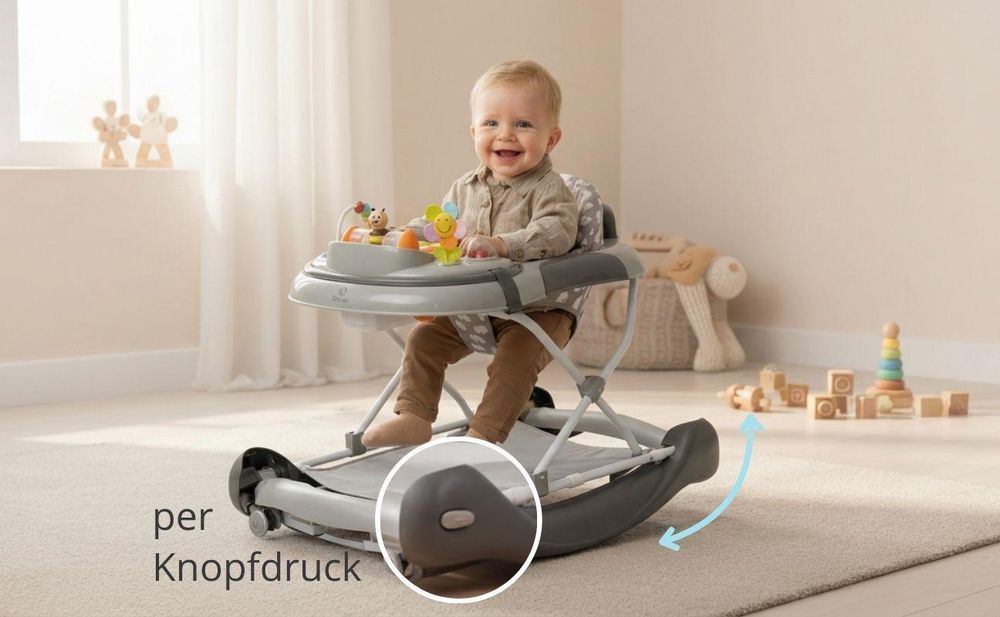 BRONEA® 4-in-1 Gehfrei Baby Lauflernwagen Schaukel Lauflernhilfe Babywalker mit Schaukelfunktion, Licht & Musik | Höhenverstellbar & Klappbar - Grau