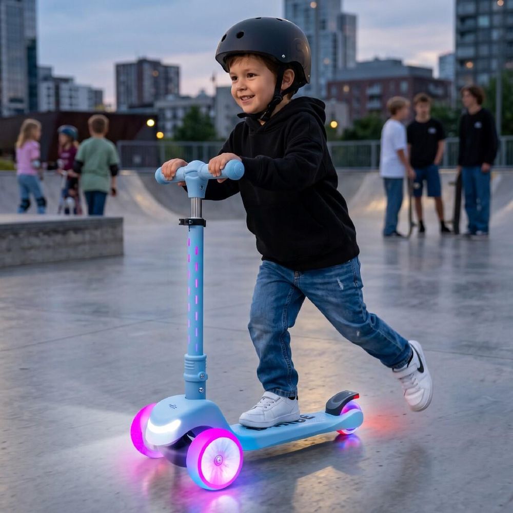 Patinete Sun Baby LUMI RIDE con ruedas delanteras y trasera de diferentes colores, resaltando el ma…