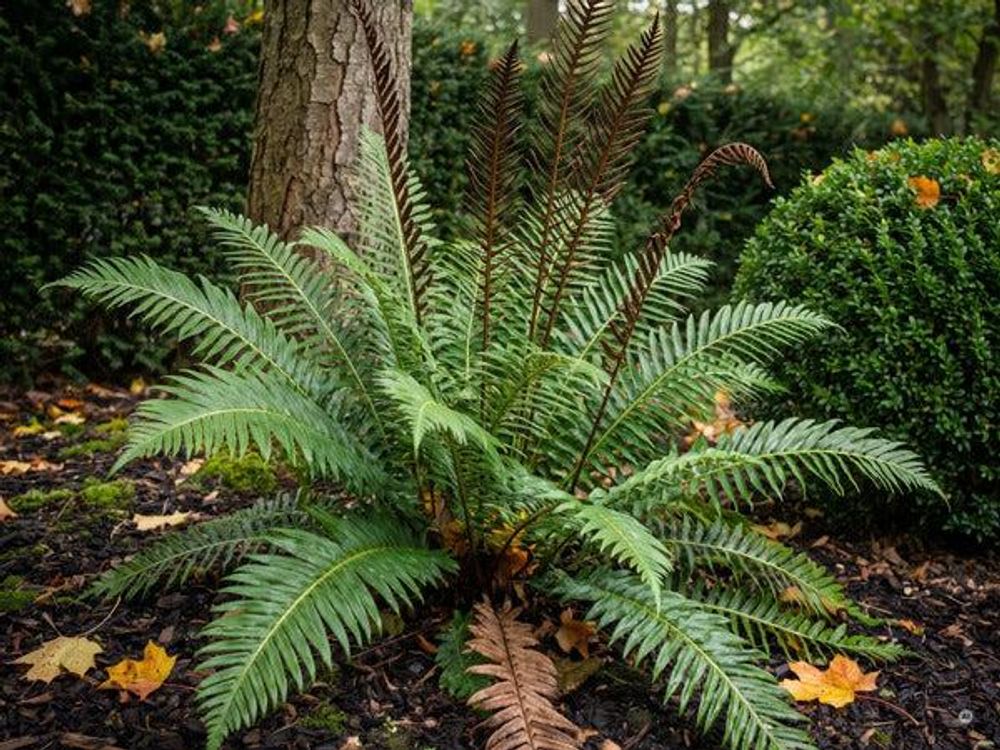 Dieselbe Szene im Oktober, braune Sporenwedel, gelbes Ahornlaub auf dem Mulch.