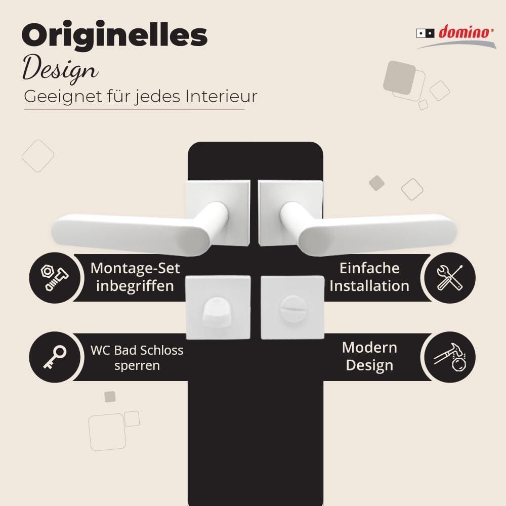 DOMINO Türgriff Drückergarnitur WC - Badezimmer Set | quadratische Rosette | für Badezimmertüren | Set WC - Rosetten-Garnitur | Türbeschläge aus Aluminium  |Weiß Türdrückergarnitur | DENVER-QR SLIM WHITE