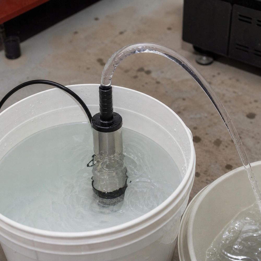 Pumpe fördert Wasser aus einem Eimer