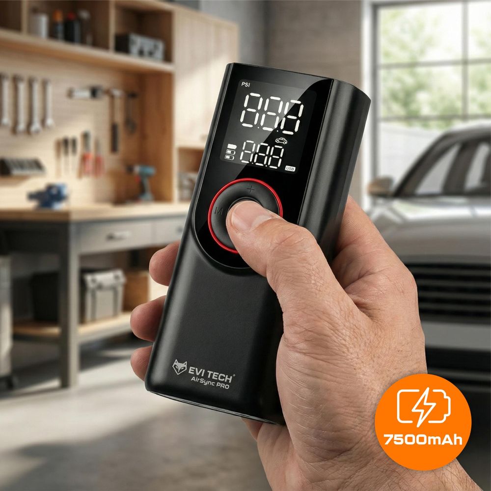 EVI TECH AirSync PRO Akku Kompressor 12 Bar Elektrische Luftpumpe 7500mAh Powerbank USB-C + 12V Kfz-Kabel für Auto Motorrad Fahrrad Tragbar Schwarz