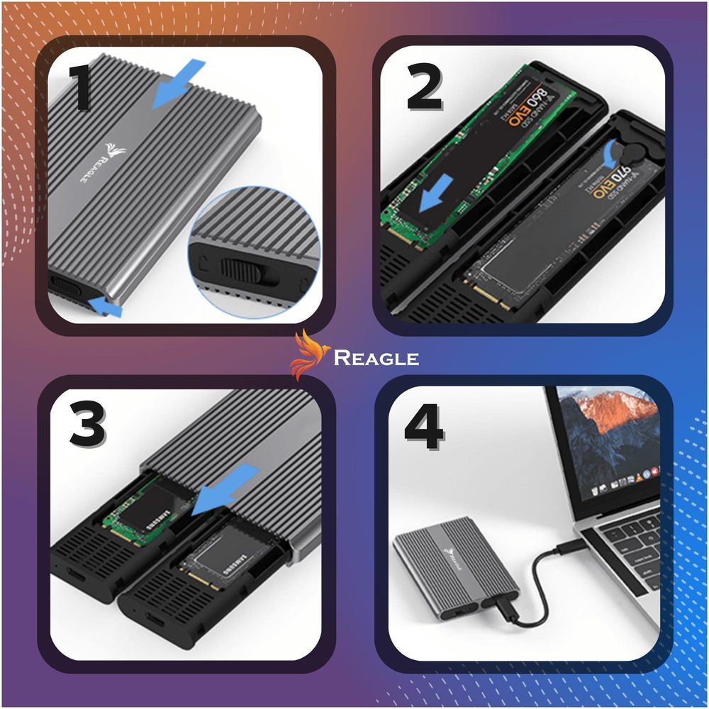 Reagle NVMe M.2 SSD Gehäuse Dual USB-C 3.2 10Gbps PCIe Adapter für 2x M2 SSD Aluminium Tool-Free kompatibel Windows Mac Linux
