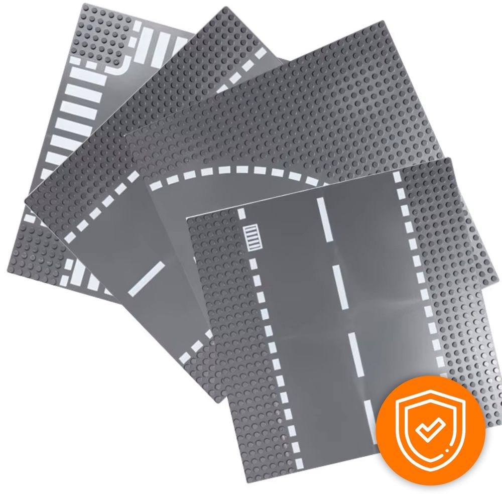 Bauplatte Straße Kurve 32x32 Noppen, Straßenplatte kompatibel mit gängigen Bausteinen, 25,6 x 25,6 cm, EVI KIDS, Grau