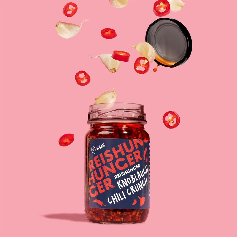 REISHUNGER Knoblauch Chili Crunch, 3 x 115 g - fertiges Crispy Chili Öl aus Knoblauchflocken, mild-scharfem Chili und würzigen Zwiebeln