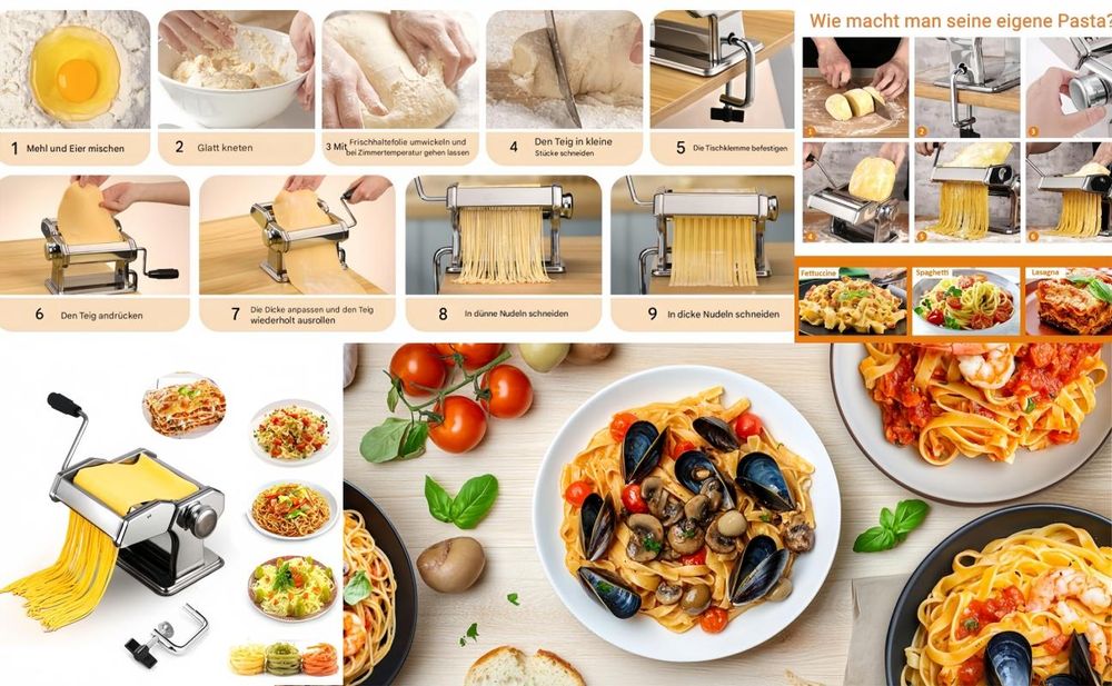 3-in-1 Edelstahl Nudelmaschine Pasta Maker mit 2 Klingen und 9 Einstellbare Dicke, Nudelschneider, Frische Manuelle Pasta Walze Maschine mit Befestigungsklammern, Silber