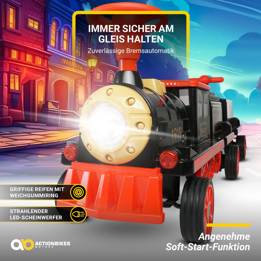 Actionbikes Motors Kinder Elektrozug mit Anhänger | Elektrischer Zug - Eisenbahn - 3-6 Jahre - 3 Sitze - bis 5 km/h - Scheinwerfer - Hupe & Musik(2.0)