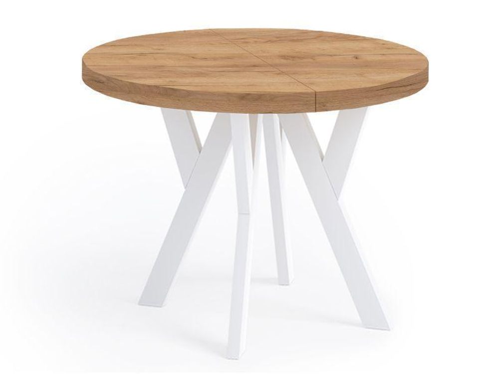 Runder Ausziehbarer Tisch für Esszimmer, PERO, Loft-Stil, Skandinavische, Durchmesser: 100 / 200 cm, Farbe: Eiche Wotan / Weiß