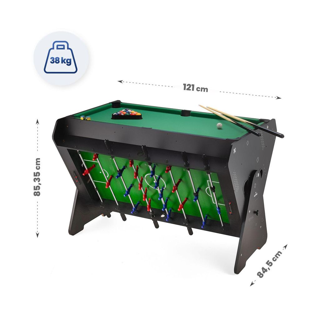 Multispietisch mit Tischfußball und Billard: Maße und Gewicht 38kg
