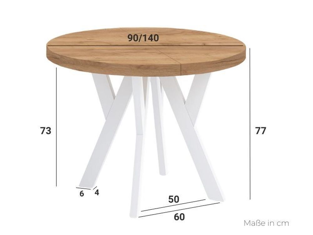 Runder Ausziehbarer Tisch für Esszimmer, PERO, Loft-Stil, Skandinavische, Durchmesser: 90 / 140 cm, Farbe: Weiß