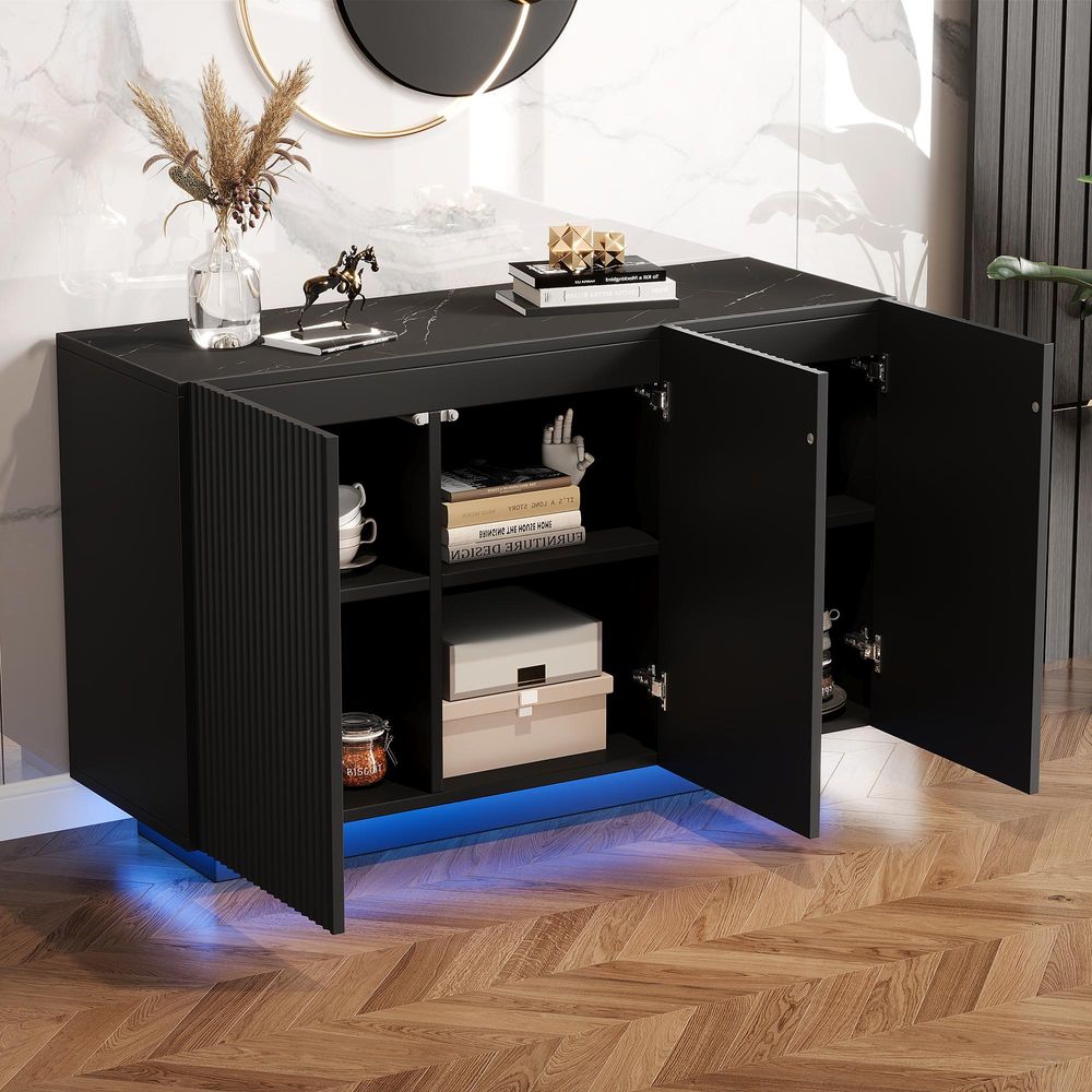 Merax LED-Sideboard 120x40x75 cm in Schwarz-Marmoroptik, Kommode Buffetschrank mit Push-to-Open, RGB-Beleuchtung, Marmor-Optik, 6 Fächer, modern