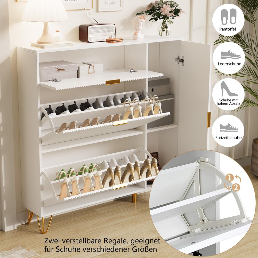 Fortuna Lai Modularer Schuhschrank aus MDF mit Goldenen Metallbeinen, verstellbaren Regalen und praktischer Aufbewahrung, Weiß