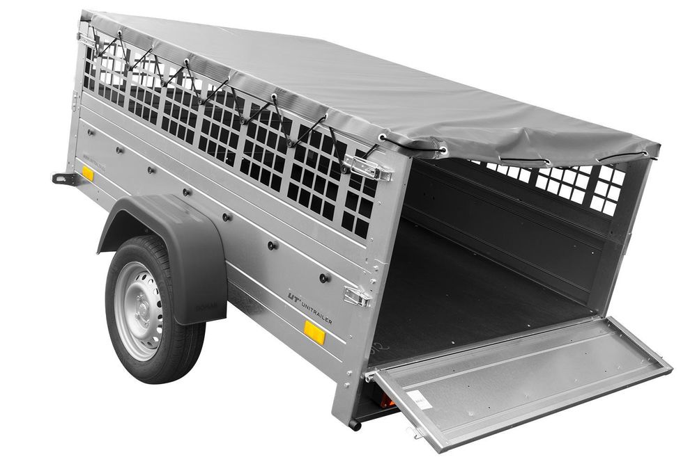 Car trailer GARDEN TRAILER 201 TIPP with mesh side extensions, support wheel and flat tarpaulin