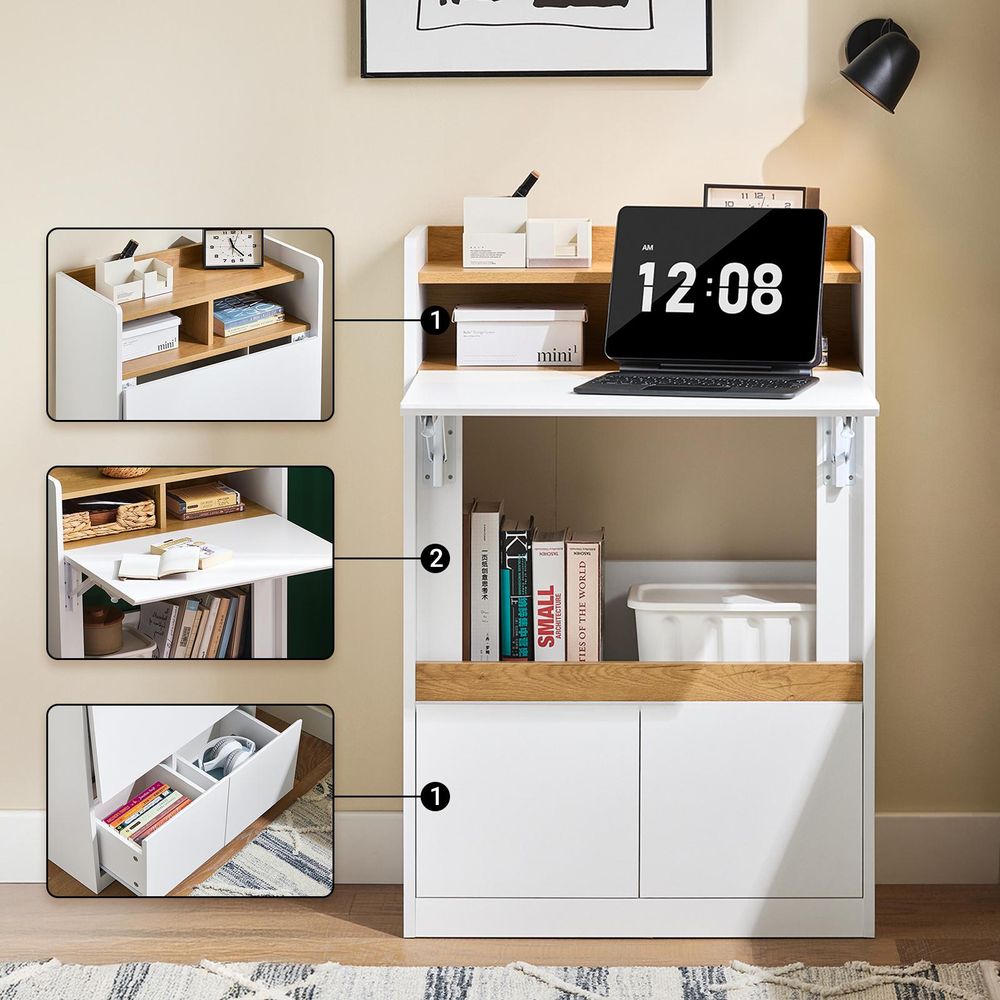 SoBuy Klappbarer Schreibtisch mit Ablagen und 2 Schubladen Gaming Tisch Kleiner Computertisch Arbeitstisch und Bürotisch für Homeoffice FWT109-WN