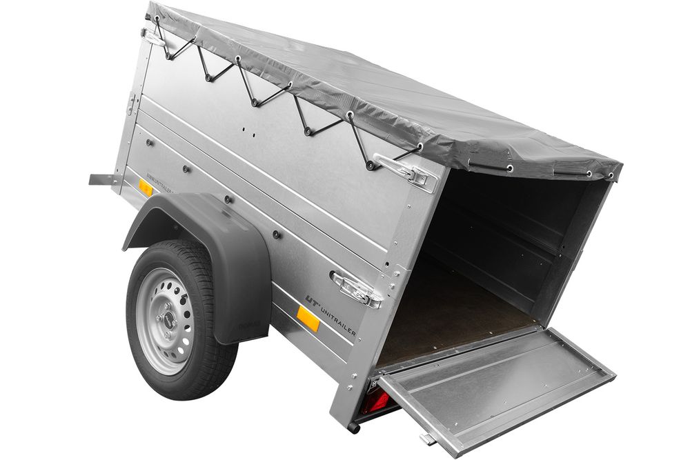 Pkw Anhänger Neu GARDEN TRAILER 150 KIPP mit zusätzlichen Bordwänden, Stützrad und grauer Flachplane