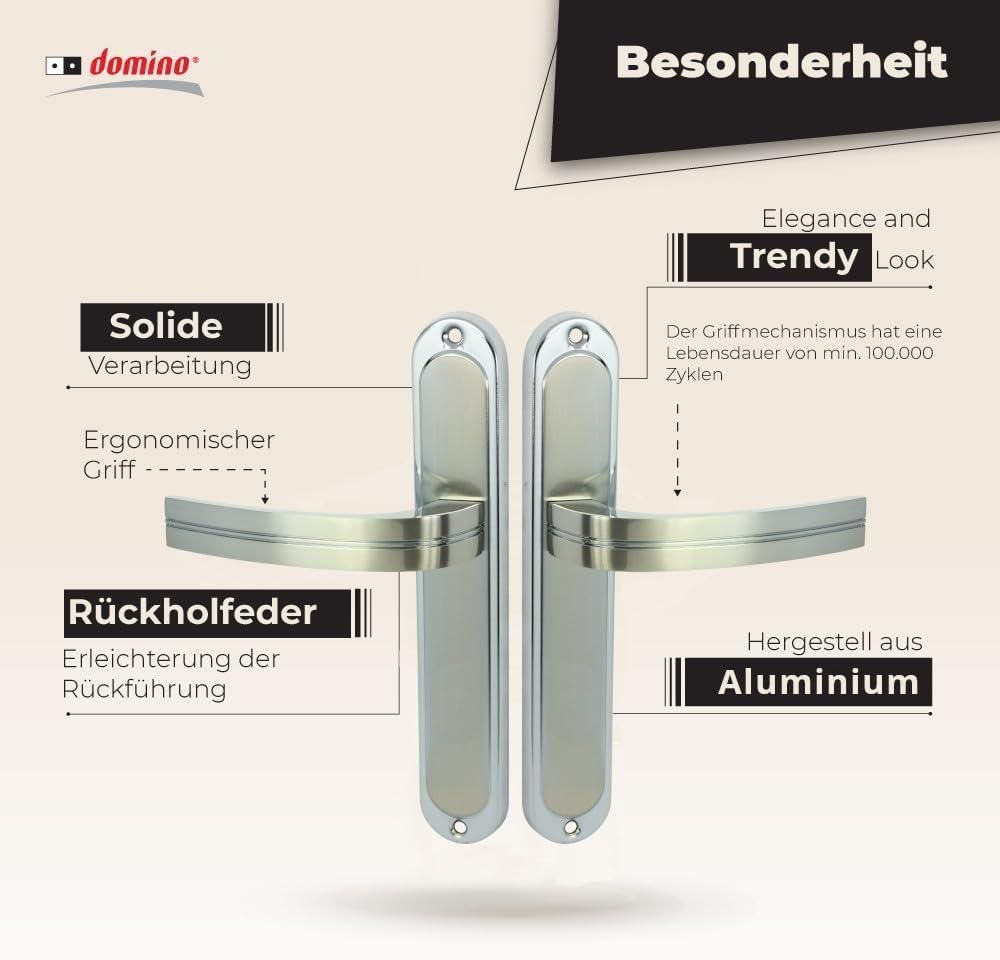 DOMINO Türgriff Blind Drückergarnitur | Langschildgarnitur | Türklinke für Zimmertür, Bürotür, Kellertür & Innentür | L-Form | Türbeschläge aus Aluminium | Chrom Nickel Türdrückergarnitur | DEKAN M6/M9