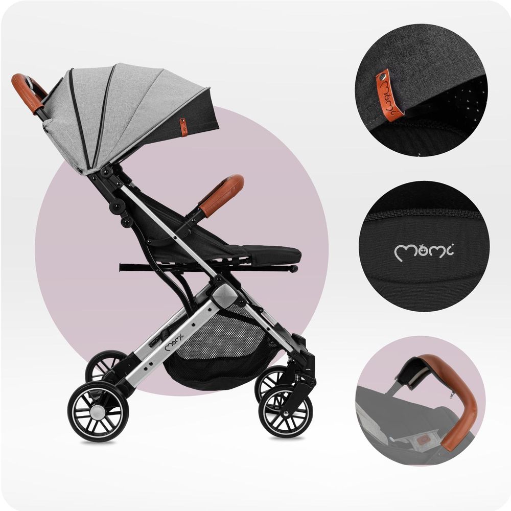 MoMi ESTELLE LIGHT Buggy Kinderwagen - Leicht, Stoßdämpfung 4 Räder, Koffer - Grau/Silber