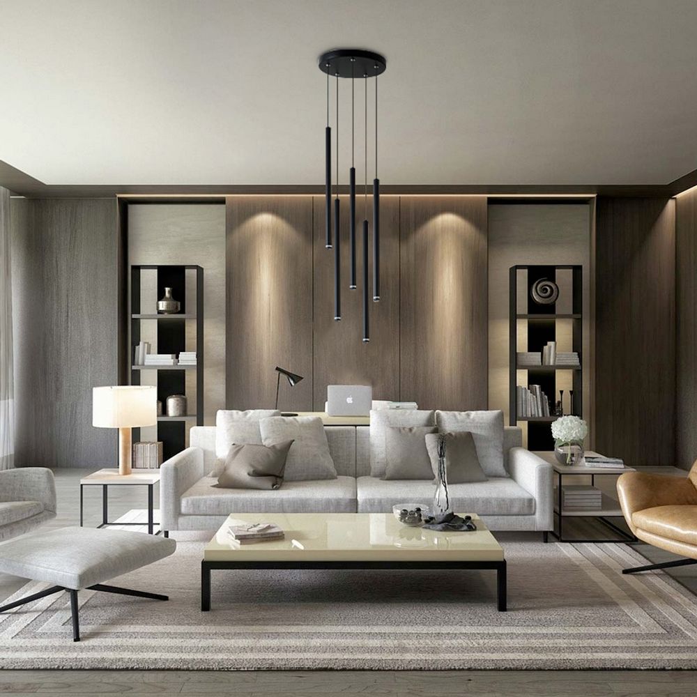 Modernes Wohnzimmer mit Lampe, Flexibilität bei der Lichtgestaltung, hängende schwarze Röhren.