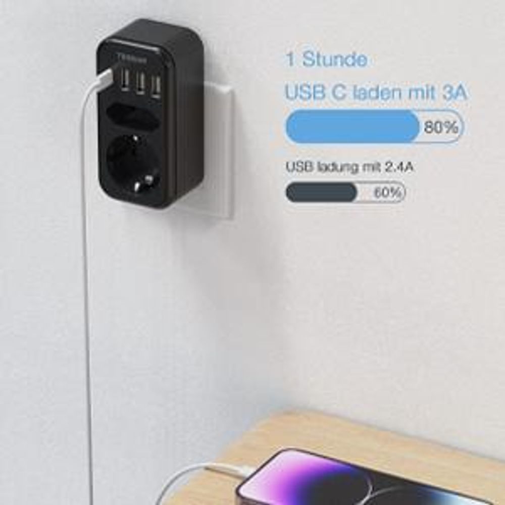 TESSAN Doppelstecker für Steckdose USB C Mehrfachsteckdose Steckdosenadapter 2Fach mit 4 USB Netzstecker 3600W Schwarz