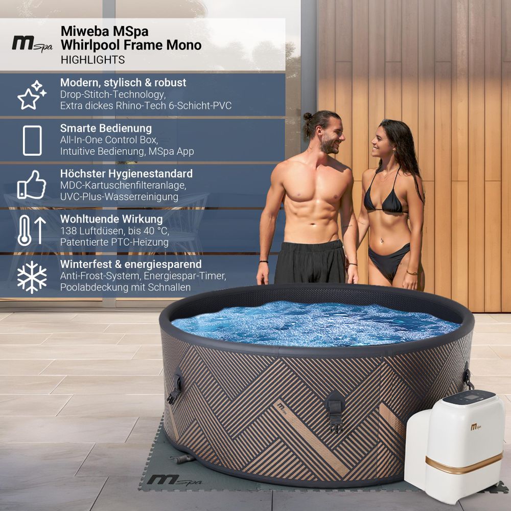 Miweba MSpa Whirlpool Frame Mono | Aufblasbar - Indoor & Outdoor Pool - Ozongenerator - UVC+ Filter - Anti-Frost-System - 6 Personen - App Steuerung