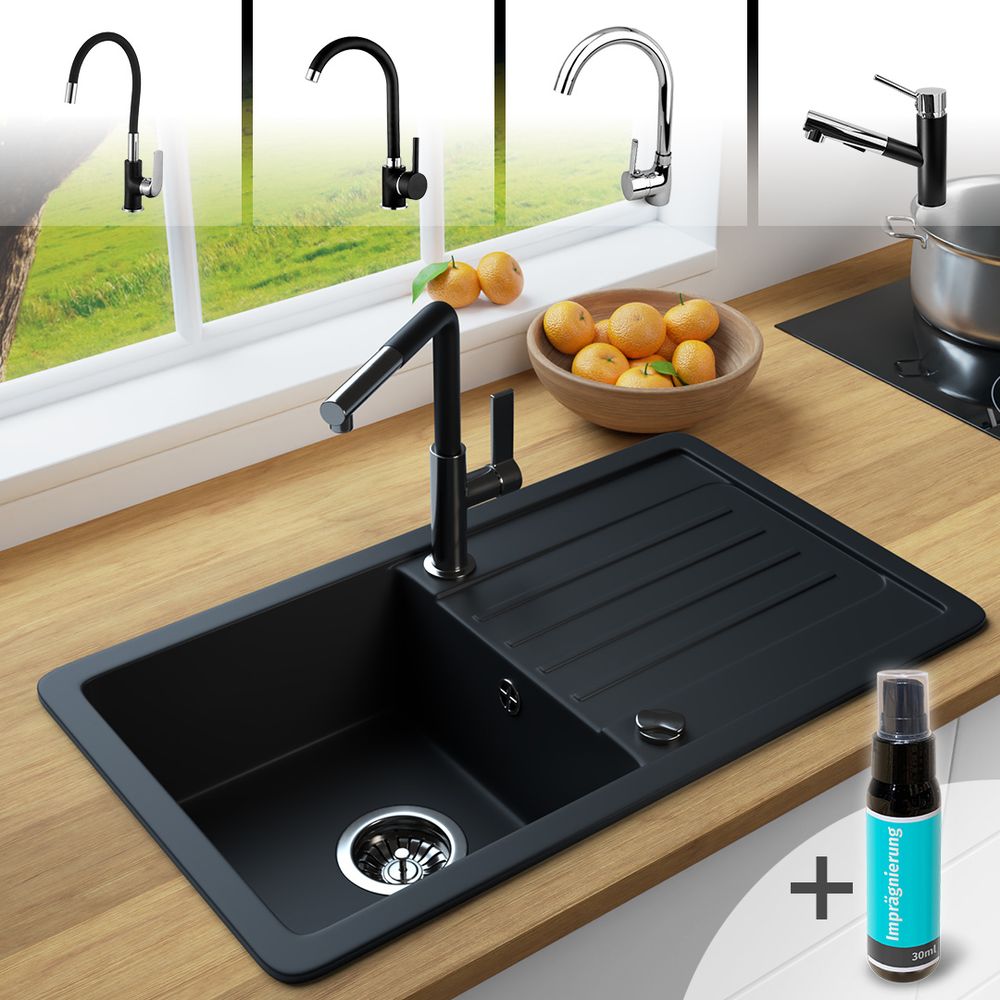 Rein Schwarz LINDBERGH® Antibakterielle Granit Spüle "VEL44" Einbauspüle Küchenspüle Spülbecken
