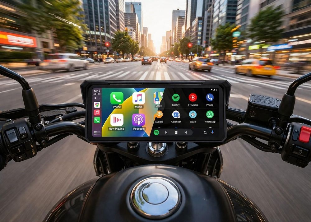 Moto navigace FARROT M780 s velkým dotykovým displejem, telefon a motocykl na bílém pozadí
