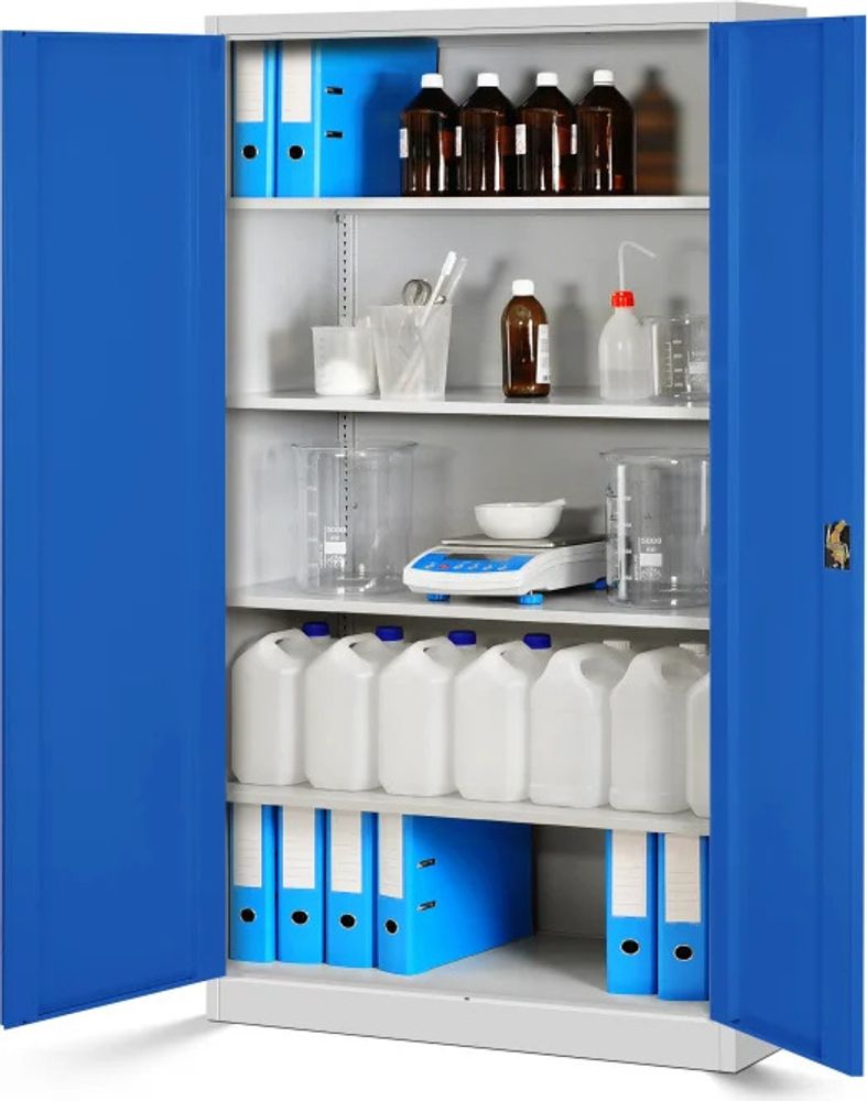 Büroschrank Aktenschrank XXL Metallschrank Flügeltüren Stahlblech Pulverbeschichtung 185 cm x 115 cm x 40 cm Farbe:  Grau-blau